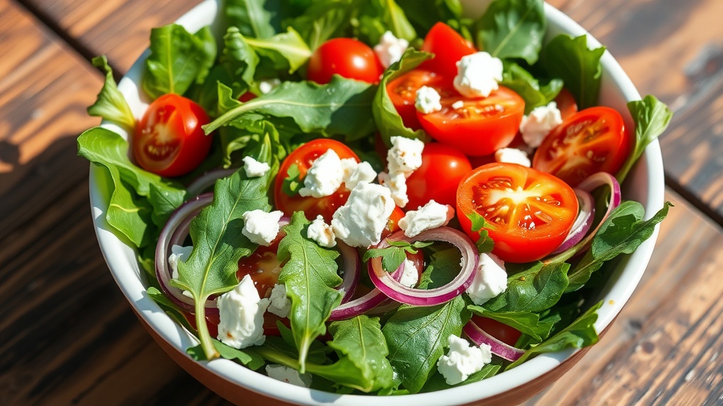 Fresh and Zesty Arugula Salad Recipe A colorful arugula salad with cherry tomatoes, feta cheese, and red onions in a bowl, garnished with vinaigrette.